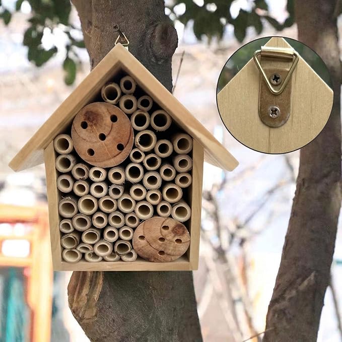Mason Bee Houses Outdoor Wooden Bee Hotel for Garden and Yard Hand-Made Bamboo Bee Hive for Bees Butterflies and Ladybugs, Medium Size 8"x7.5"x5", Natural Finish
