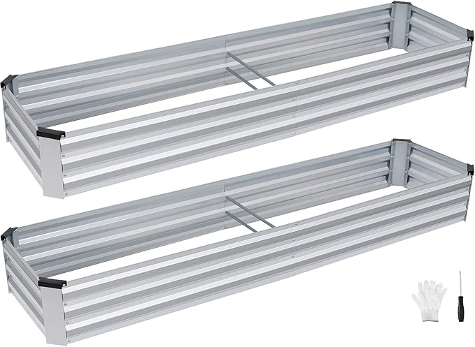 INNO STAGE Galvanized Raised Garden Bed Kits, 8x2x1ft Metal Raised Garden Beds Outdoor, Large Steel Raised Planter Bed with Gloves for Vegetables & Flowers Patio Ground Planter Box(Silver, 2PCS)