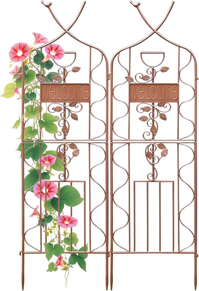 LZRS 2 Pack 59.5 * 18in Rustic Iron Arch Decoration Garden Trellis with Metal Coating – Perfect for Supporting Climbing Plants Outdoor, Roses, Vines, Flowers, and Vegetables, Brown