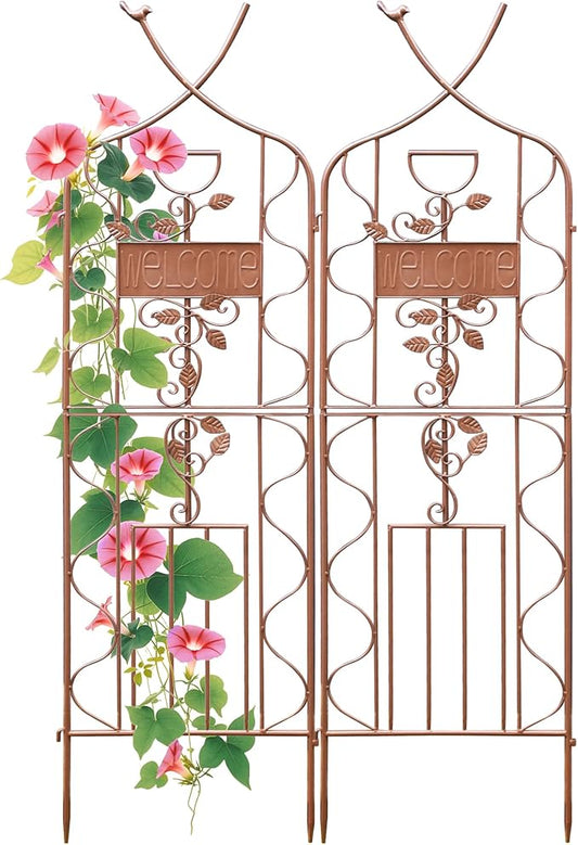 LZRS 2 Pack 59.5 * 18in Rustic Iron Arch Decoration Garden Trellis with Metal Coating – Perfect for Supporting Climbing Plants Outdoor, Roses, Vines, Flowers, and Vegetables, Brown