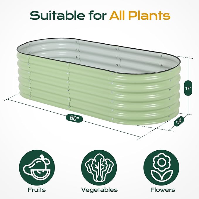 Aoodor 17" Tall Oval Galvanized Raised Garden Bed Kit, 4-in-1 Large Metal Outdoor Planter Box for Vegetables, Flowers, and Herbs, 5 x 2 x 1.5 Ft, Olive Green