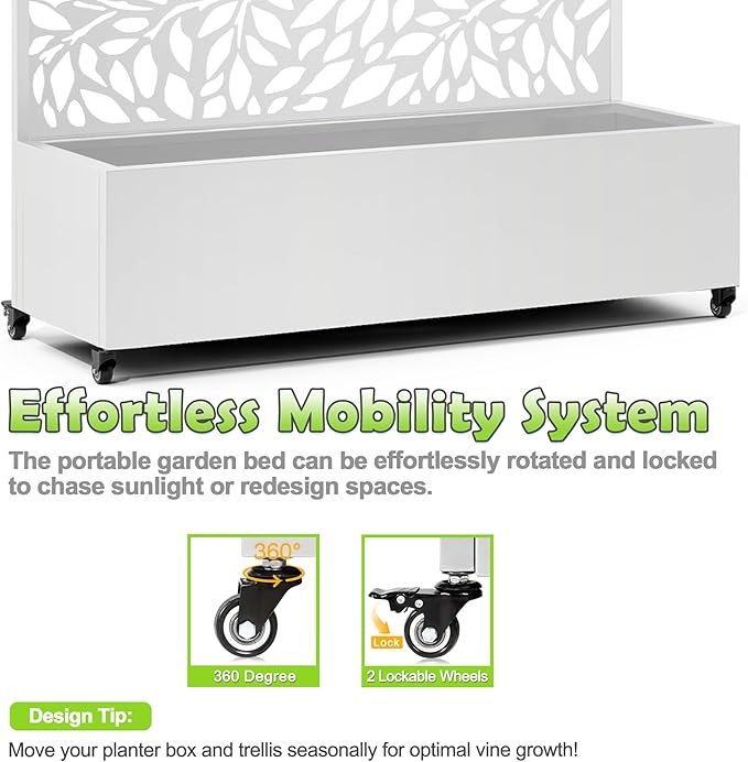 15.7"×70.9"×47.2" Metal Raised Garden Bed with Trellis and Wheels - Tall Trellis Planter Box for Climbing Plants, Vegetables & Vines - Outdoor Privacy Planters for Patio (White)