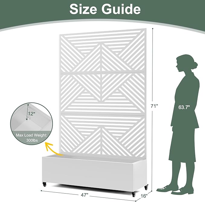 Standing Metal Planter Box with Trellis and Wheels for Climbing Plants, Raised Garden Beds with Drainage Holes, 47" L×16" W×71" H Privacy Boxes with Trellis (White Zodiac)