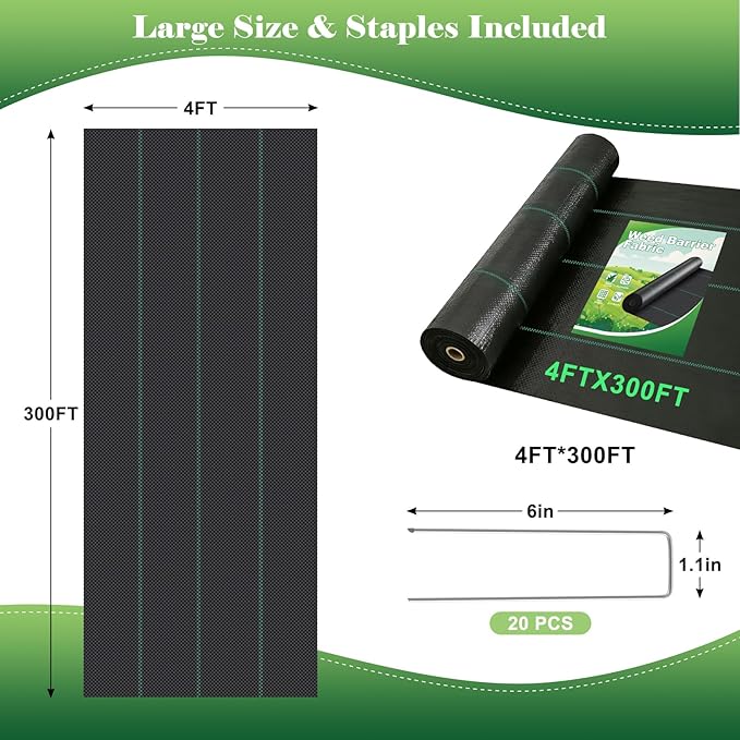 FEED GARDEN 4FT x 300FT Landscape Fabric Weed Barrier Fabric, Heavy Duty 3.2oz Weed Control Mat, Weed Blocker Ground Cover Geotextile Fabric for Gardening, with 20 U-Shaped Stakes