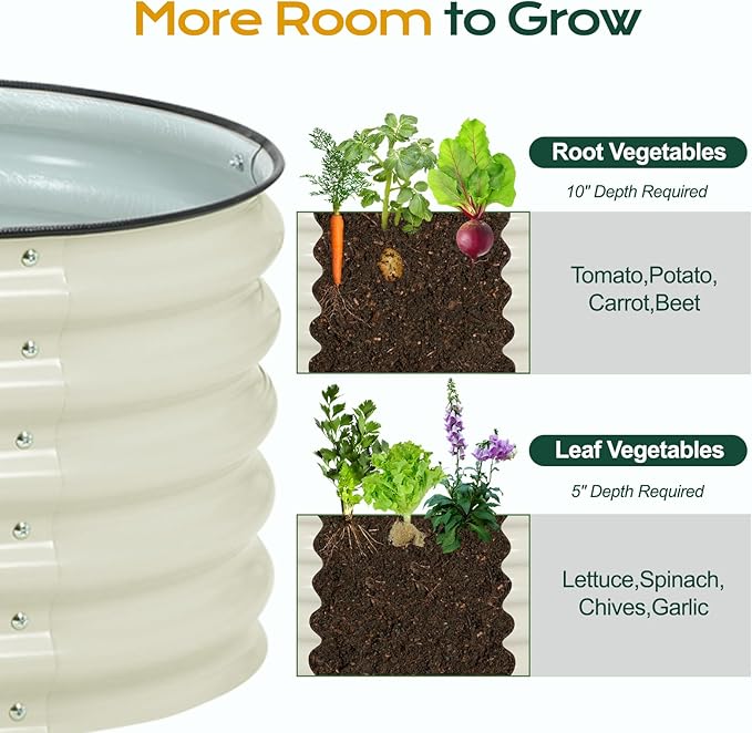 Aoodor 17" Tall Oval Galvanized Raised Garden Bed Kit, 4-in-1 Large Metal Outdoor Planter Box for Vegetables, Flowers, and Herbs, 5 x 2 x 1.5 Ft, Beige