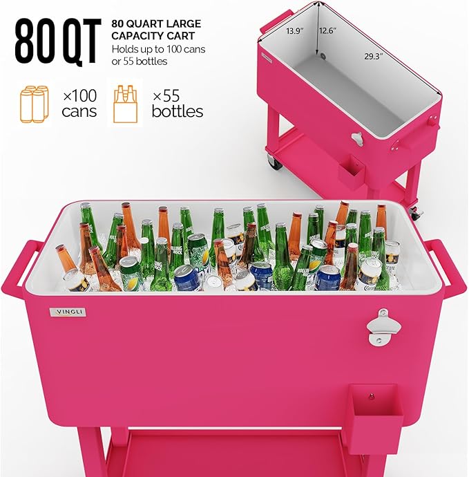 VINGLI 80 Quart Rolling Ice Chest, Portable Patio Party Bar Drink Cooler Cart, with Shelf, Beverage Pool with Bottle Opener