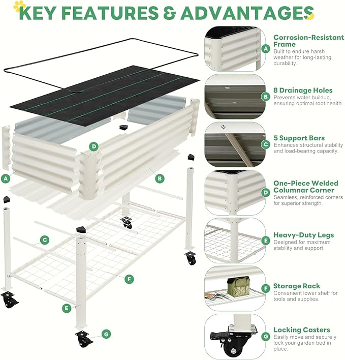 STBoo Elevated Raised Garden Bed with Legs and Wheels- 48''x24''x32'' Galvanized Metal Standing Planter Boxes Outdoor with Bottom Storage Shelf for Backyard, Patio, Balcony, Vegetables, Flowers, White