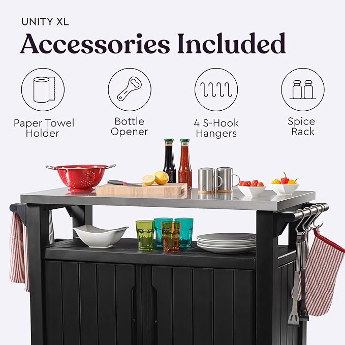 Keter Unity XL Portable Outdoor Table with Stainless Steel Top for Kitchen Prep and Outdoor Storage Cabinet for Grilling Accessories, Dark Grey