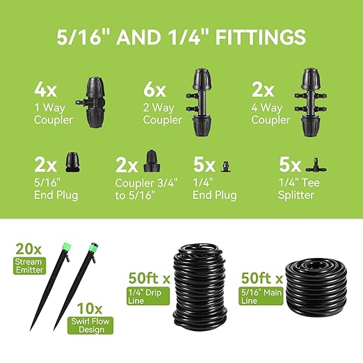 Drip Irrigation System for Garden, Adjustable Drip Irrigation Kit with Drip Emitters, 5/16" & 1/4" Irrigation Tubing & Barbed Fittings for Raised Beds, Lawn