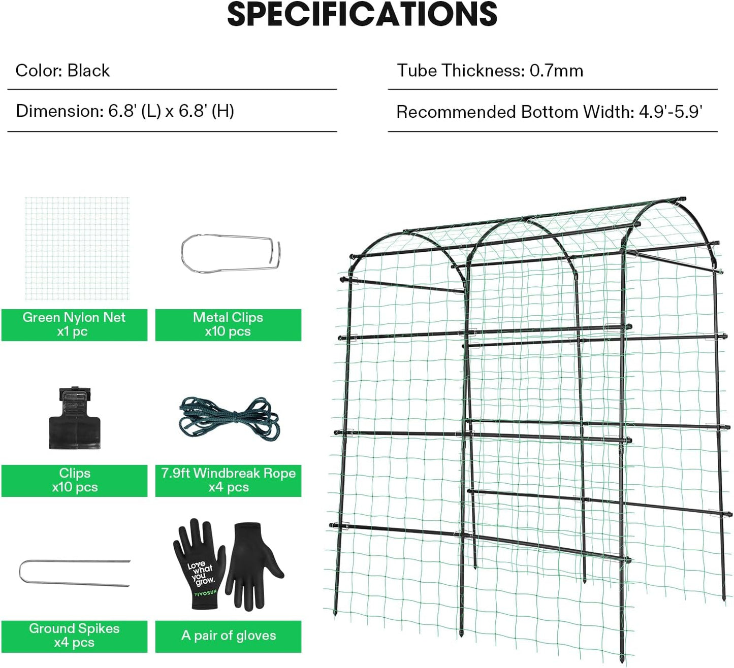 VIVOSUN 7Ft. Arch Trellis for Climbing Plants, 7 x 6 x 7ft Tall Metal Tunnel Trellis, Lightweight Metal Plant Support Archway with Nylon Netting for Climbing Vine, Vegetables, Fruits, Flowers, Black