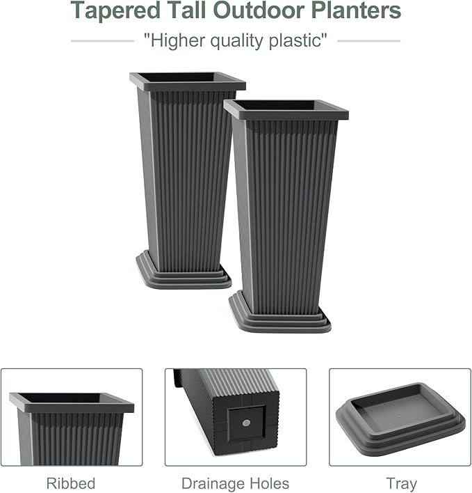 Set of 2 Tall Outdoor Planters with Drainage Tray, 24 Inch Large Flower Pots for Indoor Plants, Front Porch Tall Planter, Weather-Resistant (Gray Ribbed)