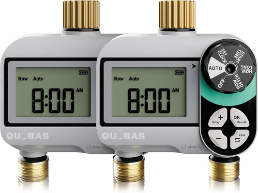 [2 Pack] QUOBAS 2 Zone Water Timer for Garden Hose, Automatic Sprinkler Timer with Dual Outlets, Heavy Duty Brass Fittings, Leak-Free, Programmable, for Lawn Watering and Drip Irrigation System