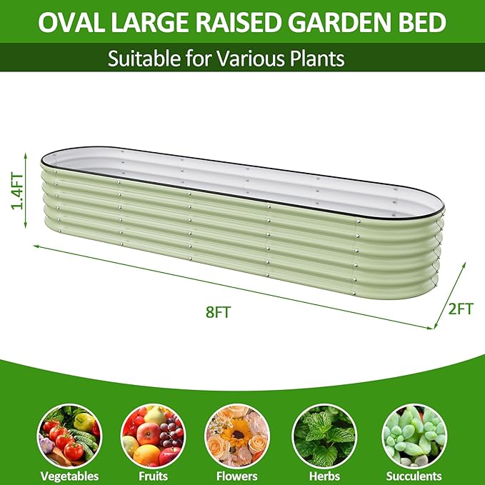 Gruper Galvanized Raised Garden Bed, 8×2×1.4 ft Tall Oval Large Metal Planter Raised Garden Boxes Outdoor for Vegetable Fruits Flower Herb, Anti-Rust and Sturdy & Easy-Setup