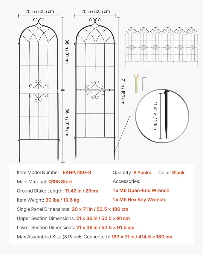VEVOR Garden Trellis, 71 x 20 inch Rose Trellis, 8 Packs Garden Flower Rose Trellises with Powder-Coated Finish & Convenient Locking Design, Plant Support Trellises for Flowers, Vegetables, Roses