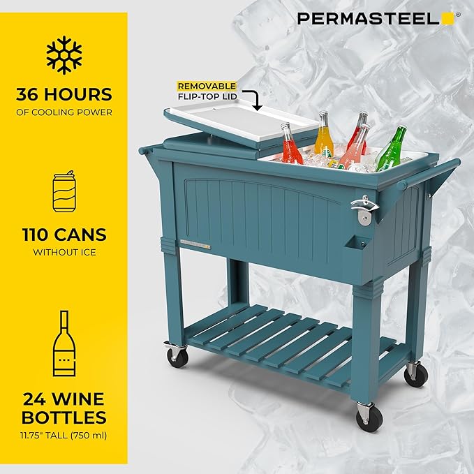 Permasteel 80-Qt Large Antique Patio Cooler with Wheels & Handles, Outdoor Rolling Beverage Cooler Cart with Bottom Storage Shelf, Wood-Style Hard Can Cooler for Outside, Teal Blue Green