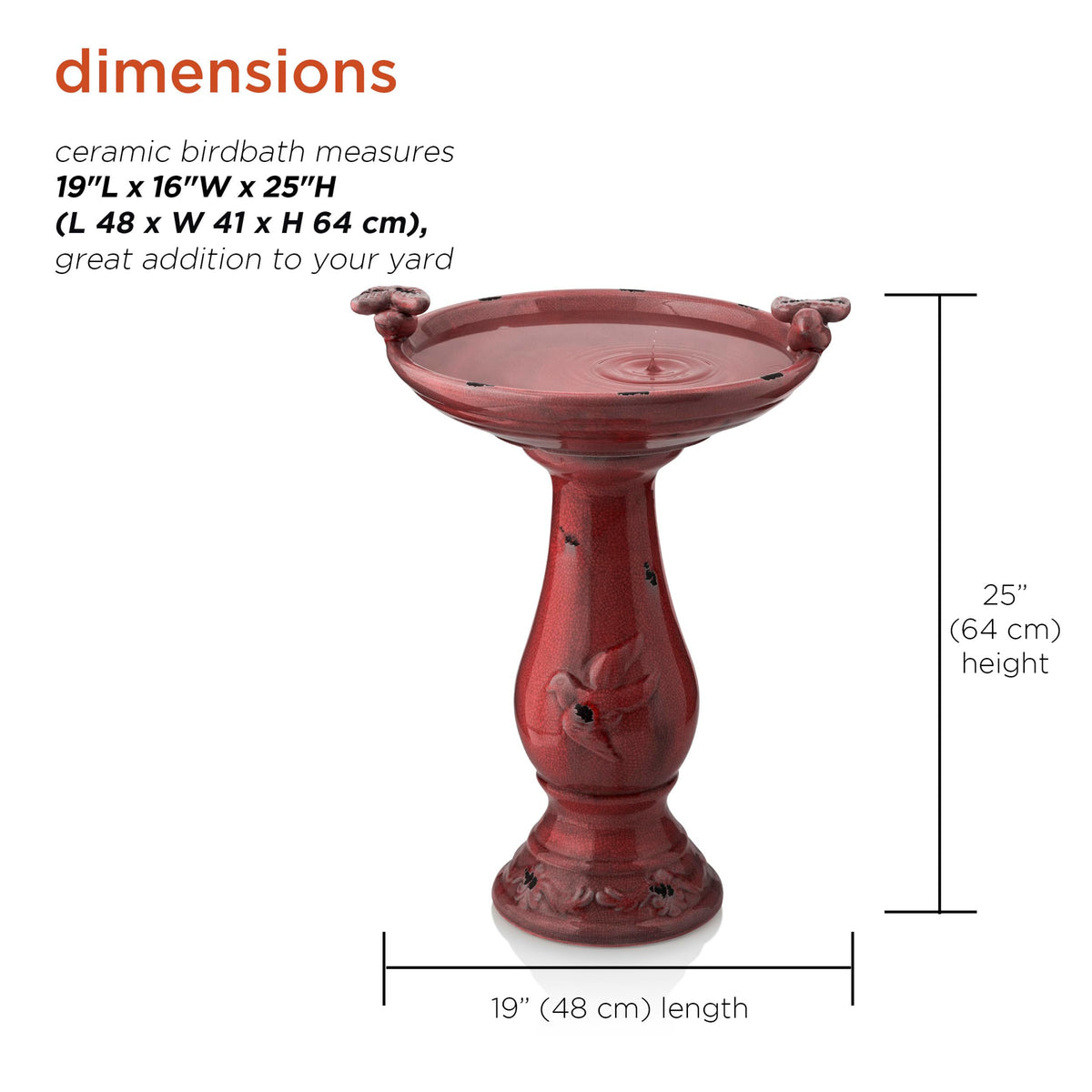 25" Tall Outdoor Antique Ceramic Birdbath with 2 Bird Figurines (Red)