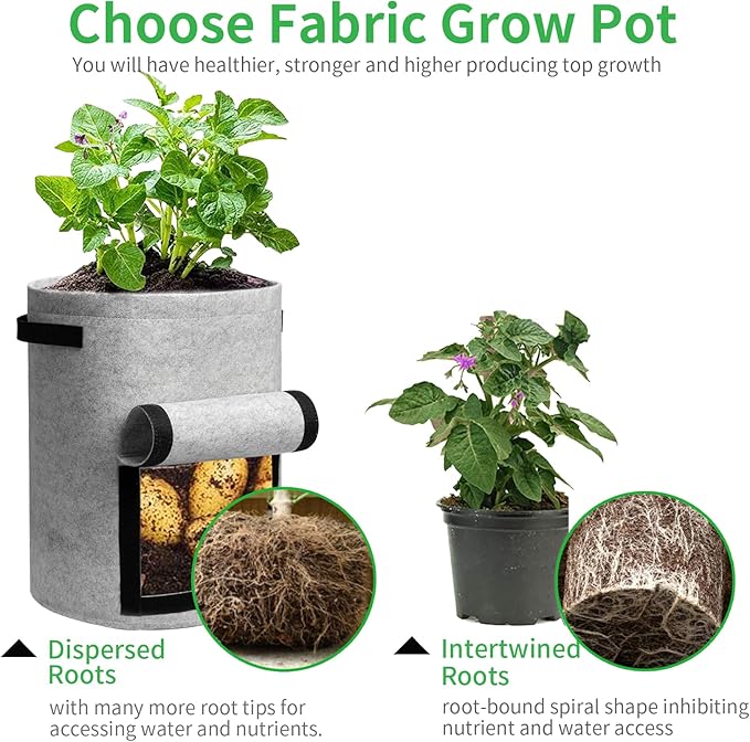 JJGoo 4 Pack Potato Grow Bags 10 Gallon with Flap, Heavy Duty Fabric Grow Bags with Handle and Harvest Window, Non-Woven Planter Pot Plant Garden Bags to Grow Vegetables Potato Tomato, Grey