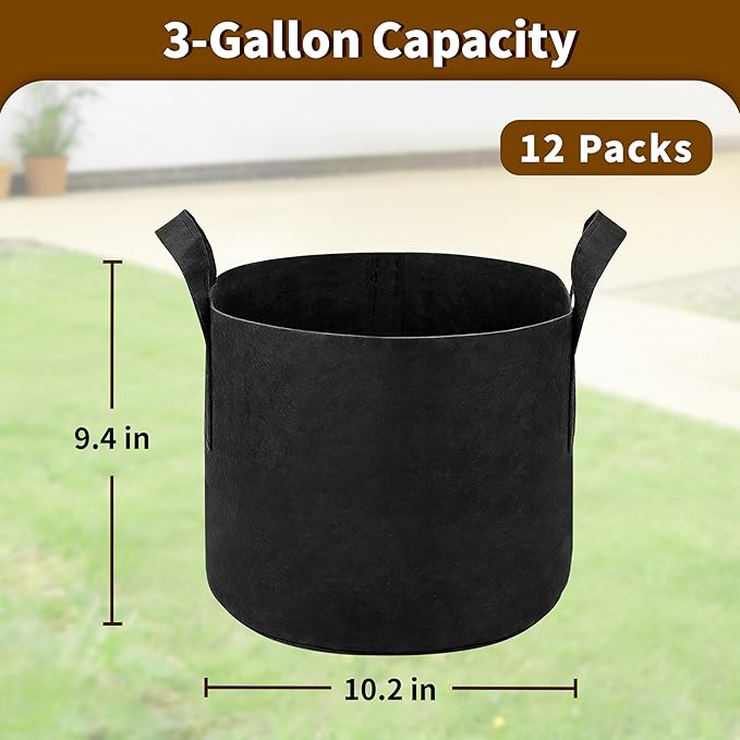12 Pack 3 Gallon Grow Bags, Heavy Duty 300g Nonwoven Fabric Plant Pots with Reinforced Handles, Breathable Potato & Tomato Grow Bags for Vegetables, Peppers, Herbs - Black