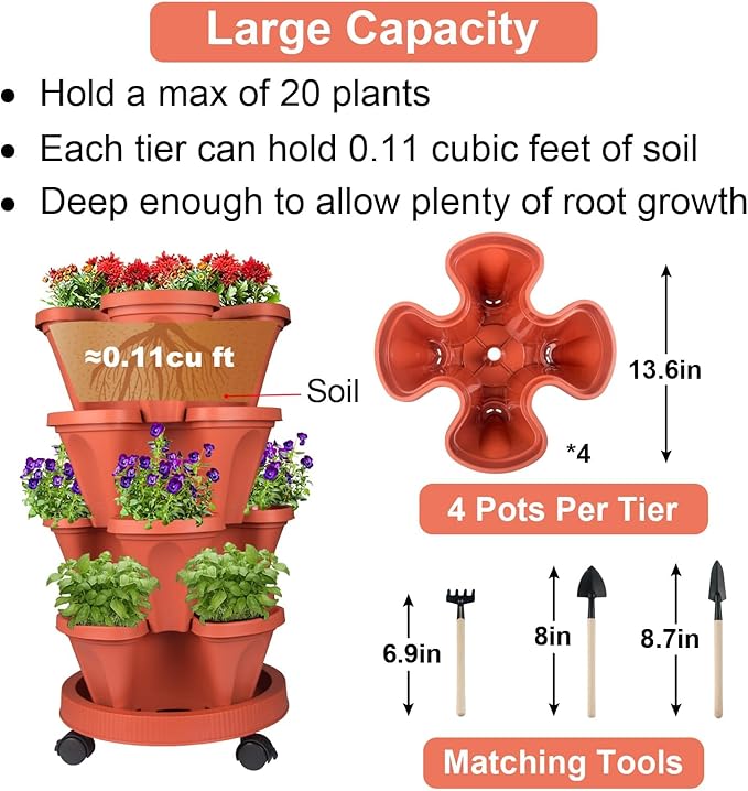 GameXcel Vertical Planter Tower- 4 Tier Stackable Garden Planter with Wheels and Tool Set – Grow Strawberries Herbs Flowers and Vegetables - Indoor Outdoor Use Red