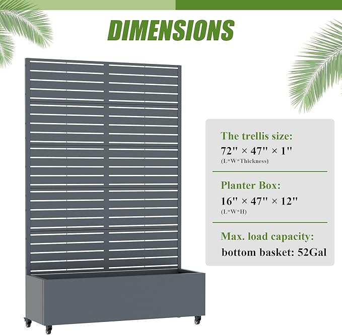 Casaphoria Metal Raised Garden Bed with Trellis and Wheels, 72"x47"x16" Planter Box for Climbing Plants, Vegetables & Vines, Features Drainage Holes and Privacy Screen, Drakgrey-Louvered