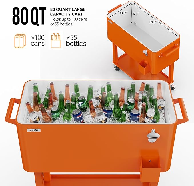 VINGLI 80 Quart Rolling Ice Chest, Portable Patio Party Bar Drink Cooler Cart, with Shelf, Beverage Pool with Bottle Opener