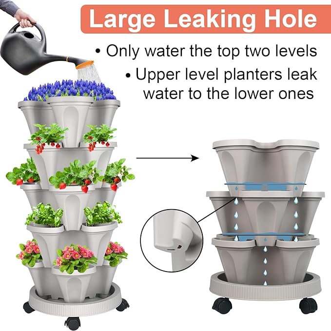 GameXcel Vertical Planter Tower- 5 Tier Stackable Garden Planter with Wheels and Tool Set – Grow Strawberries Herbs Flowers and Vegetables - Indoor Outdoor Use Gray