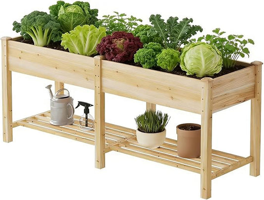 Wooden Raised Garden Bed, Planter Box with Legs, Garden Planter with Divider Bag for Backyard, Patio, Balcony, Planter Stand Box for Herbs and Vegetables(Natural-L)