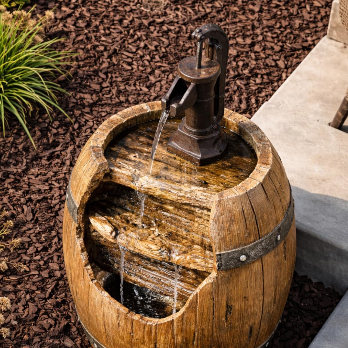 Vintage Barrel Waterfall Fountain with Pump for Outdoor Patio Garden Backyard Decking (Dark Wood)