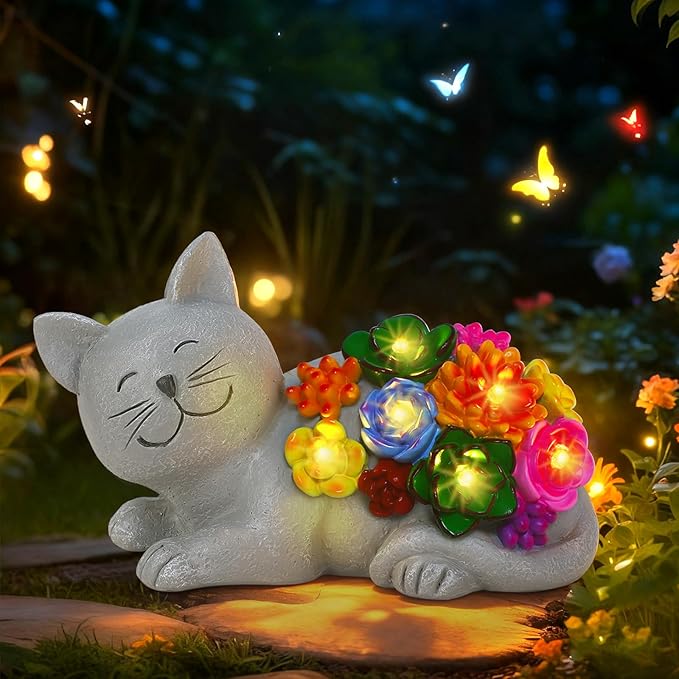 Solar Cat Garden Statues with Succulent and 6 LED Lights, Birthday Gifts for Women Mom Men, Outdoor Garden Decor for Cat Lover, Yard Decor Art Lawn Patio Balcony