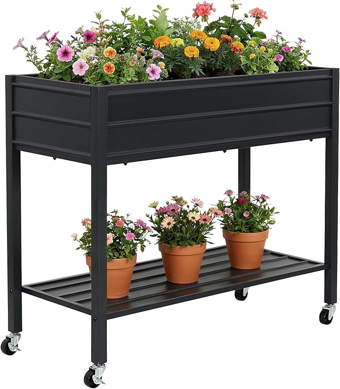 ZORMY 32" Tall Galvanized Raised Garden Bed with Legs Wheels & Shelf, Elevated Planter Box Outdoor for Vegetables, Herbs & Flowers, Patio & Backyard, Garden Bed with 400lb Capacity，Black