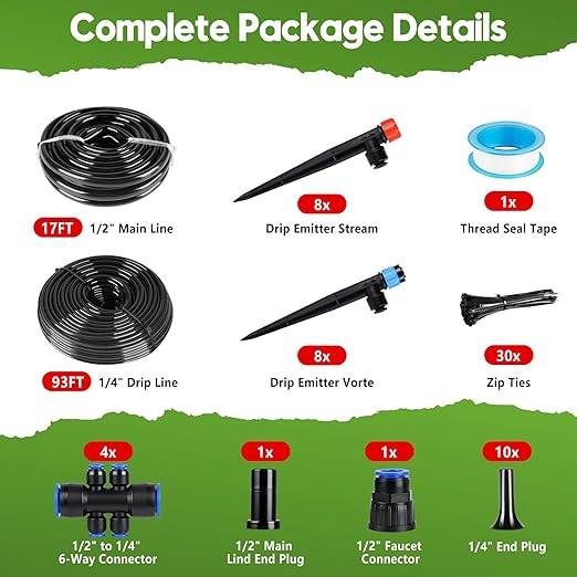 100FT Drip Irrigation System Kit, Automatic Garden Watering System Quick-Connect Adjustable Sprinklers for Raised Garden Beds, Greenhouse, Yard, Lawn, Plant with 1/2" & 1/4" Tubing and Accessories