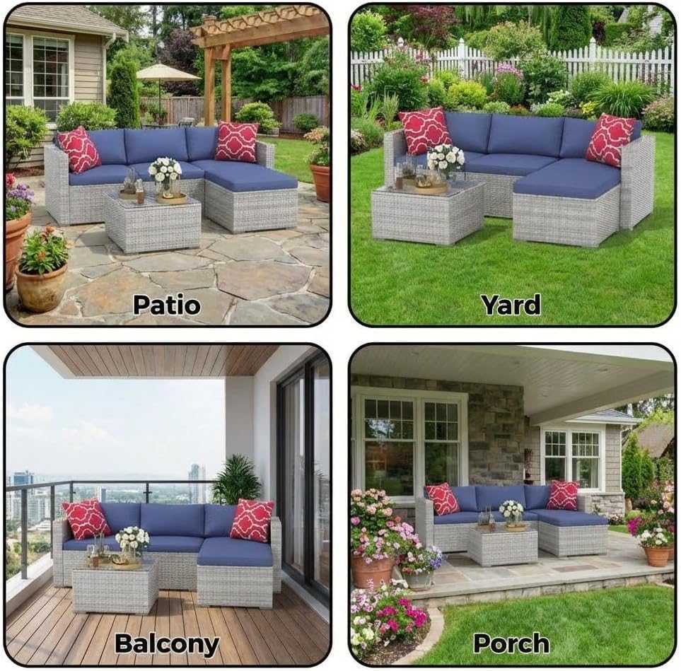 5 Piece Outdoor PE Wicker Patio Sofa Set (Grey/Blue / 5 Pieces)