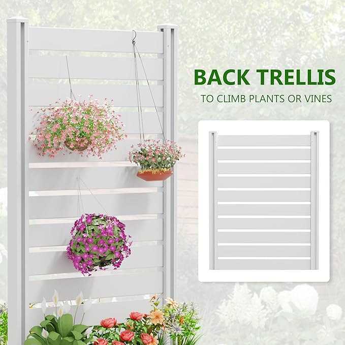 Casaphoria Raised Garden Bed with Trellis, 73"x37"x18" Planter Box with Open Bottom for Gardening Vegetables & Vines and Climbing Plants, White