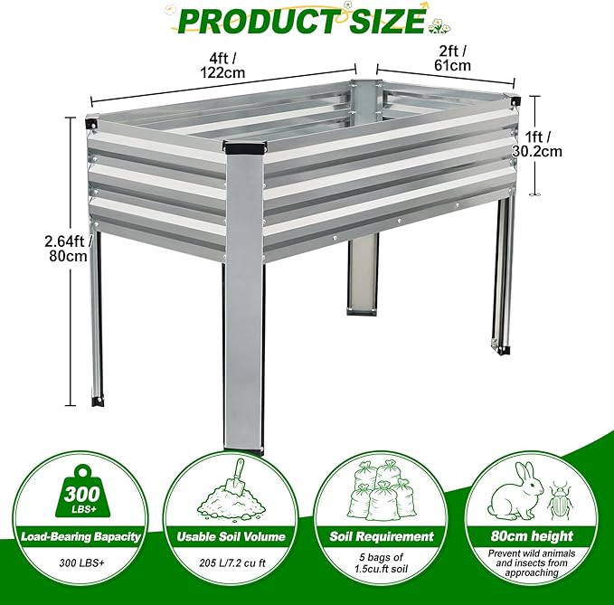 Galvanized Raised Garden Bed with Legs, 48x24x32in Elevated Raised Garden Bed Outdoor with Drainage Holes, Planter Boxes for Gardening Vegetable Flower Fruit in Backyard, Patio, Balcony (Silver)