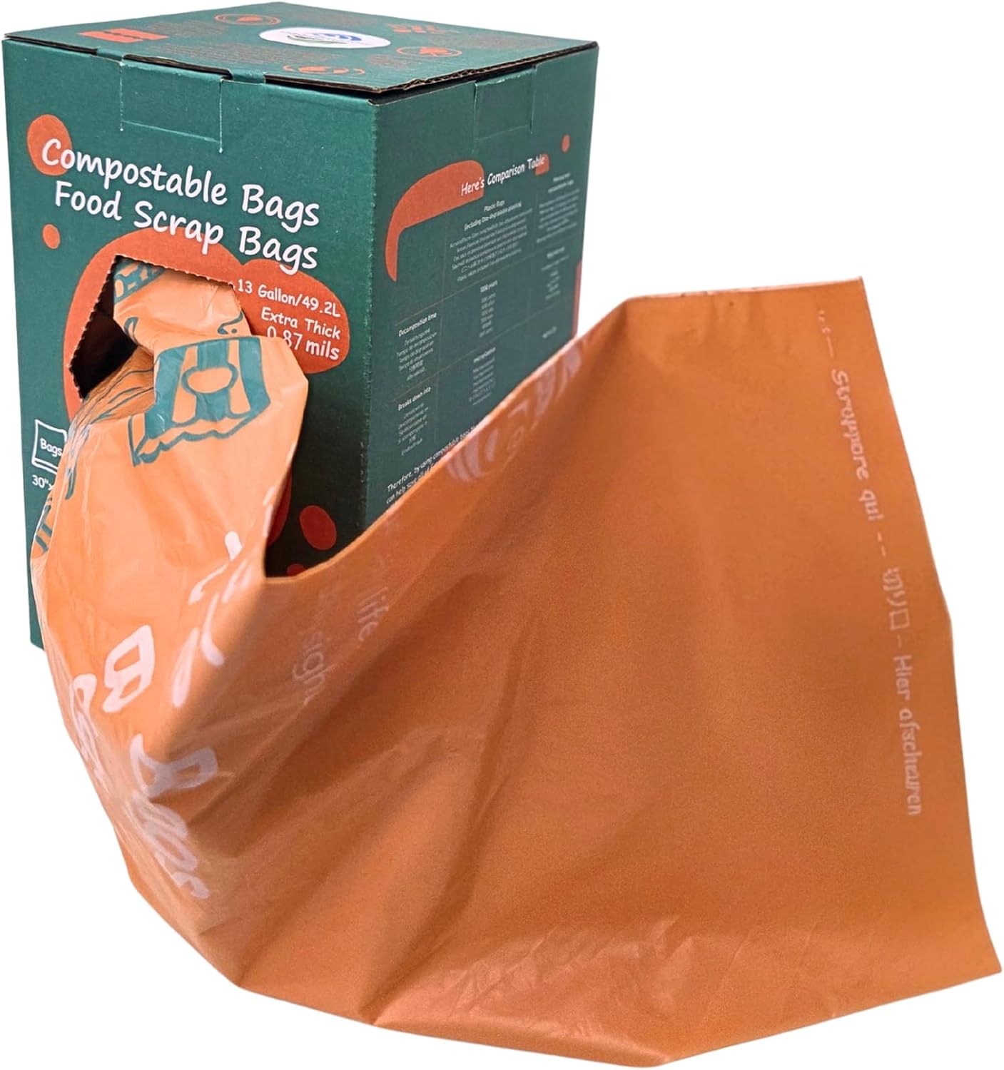 Compostable Trash Bags 13 Gallon, Tall Kitchen Heavey Duty Food Waste Bags, Extra Thick, Certified US BPI ASTM D6400, 49.2 Liter, 50 Count