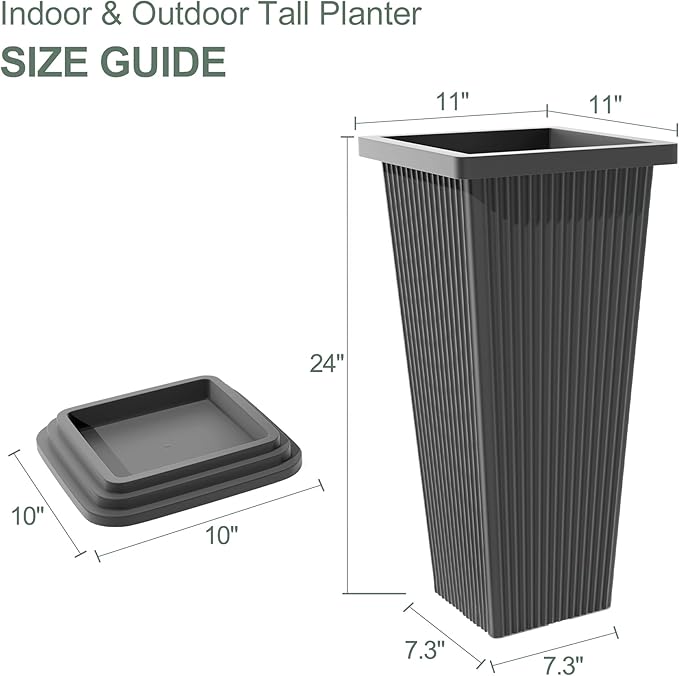 Set of 2 Tall Outdoor Planters with Drainage Tray, 24 Inch Large Flower Pots for Indoor Plants, Front Porch Tall Planter, Weather-Resistant (Gray Ribbed)