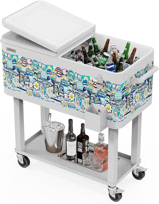VINGLI 80 Quart Rolling Ice Chest, Portable Patio Party Bar Drink Cooler Cart, with Shelf, Beverage Pool with Bottle Opener