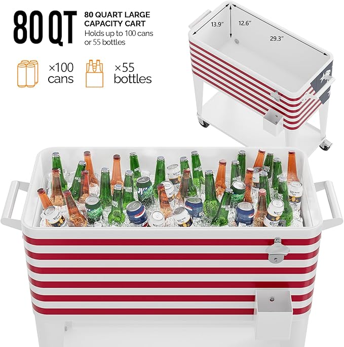VINGLI 80 Quart Rolling Ice Chest, Portable Patio Party Bar Drink Cooler Cart, with Shelf, Beverage Pool with Bottle Opener