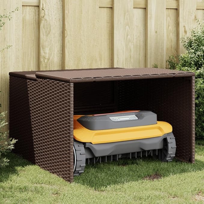 vidaXL Robot Mower Garage - Brown Poly Rattan, Weather- Storage Shed, 33.9"x35.4"x20.5"/22.4" for Garden Robotic Lawn Mower