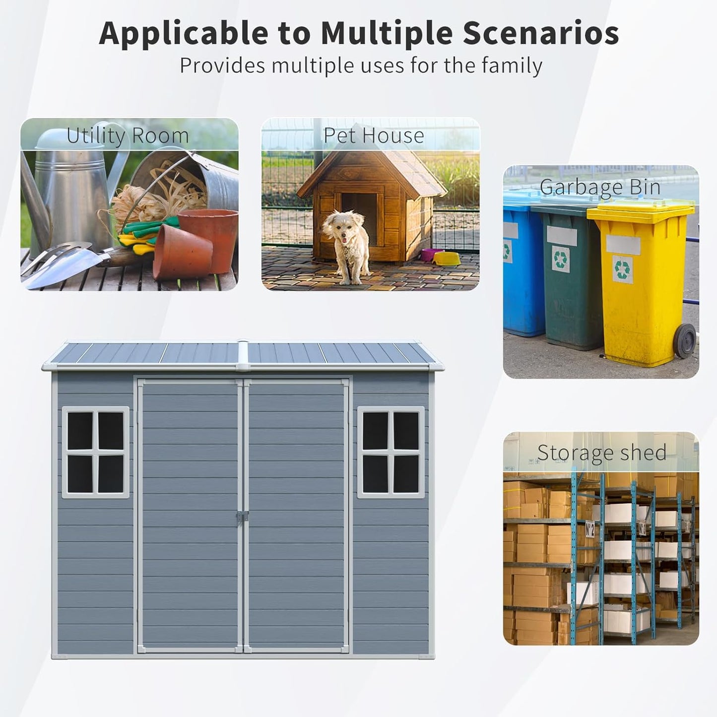 8x4 ft Outdoor Resin Storage Shed with Floor, Waterproof Plastic Garden Shed with Lockable Door and Two Windows, All-Weather Tool Sheds for Backyard, Patio, Lawn (Grey)