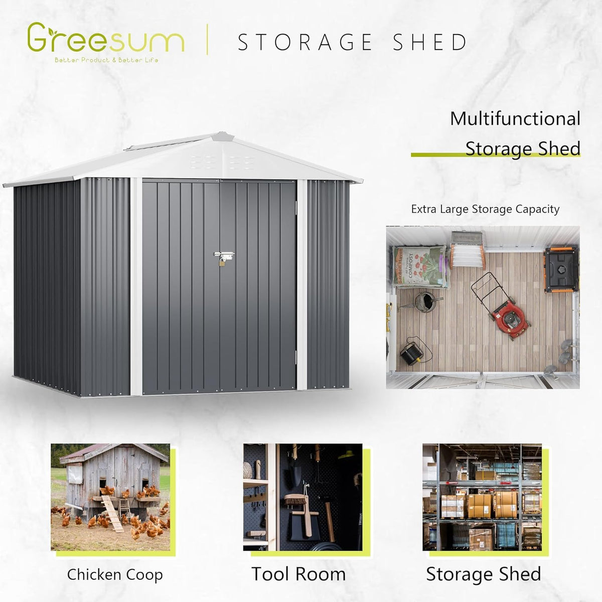 8x6FT Outdoor Storage Shed (8x6 / Gray)