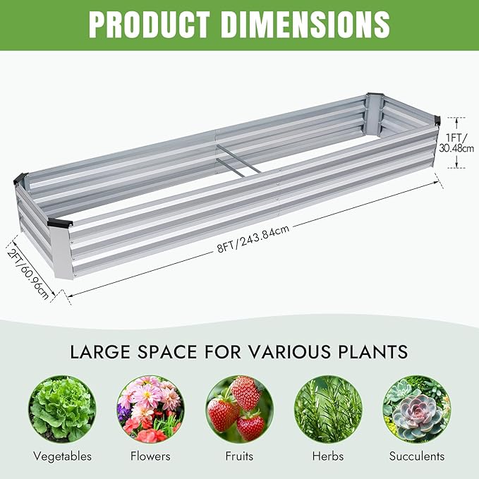 INNO STAGE Galvanized Raised Garden Bed Kits, 8x2x1ft Metal Raised Garden Beds Outdoor, Large Steel Raised Planter Bed with Gloves for Vegetables & Flowers Patio Ground Planter Box(Silver, 2PCS)