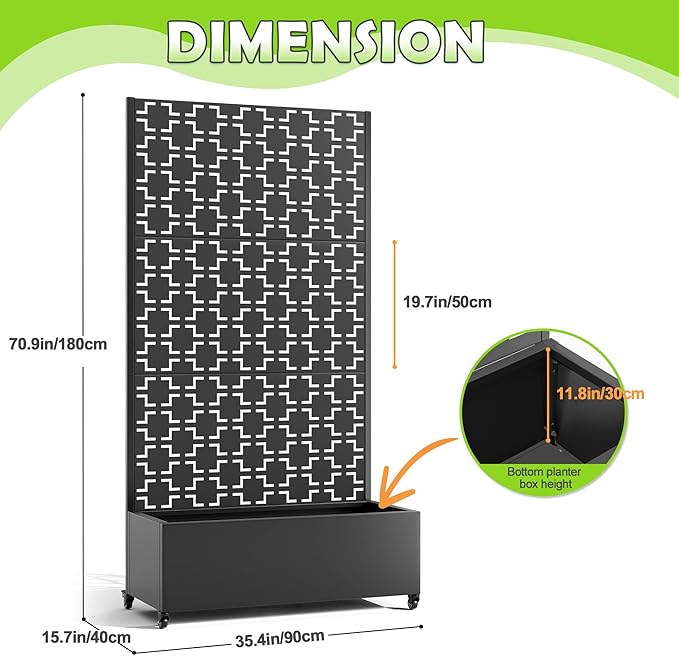 15.7"×70.9"×35.4" Metal Raised Garden Bed with Trellis and Wheels - Tall Trellis Planter Box for Climbing Plants, Vegetables & Vines - Outdoor Privacy Planters for Patio (Black-Square)