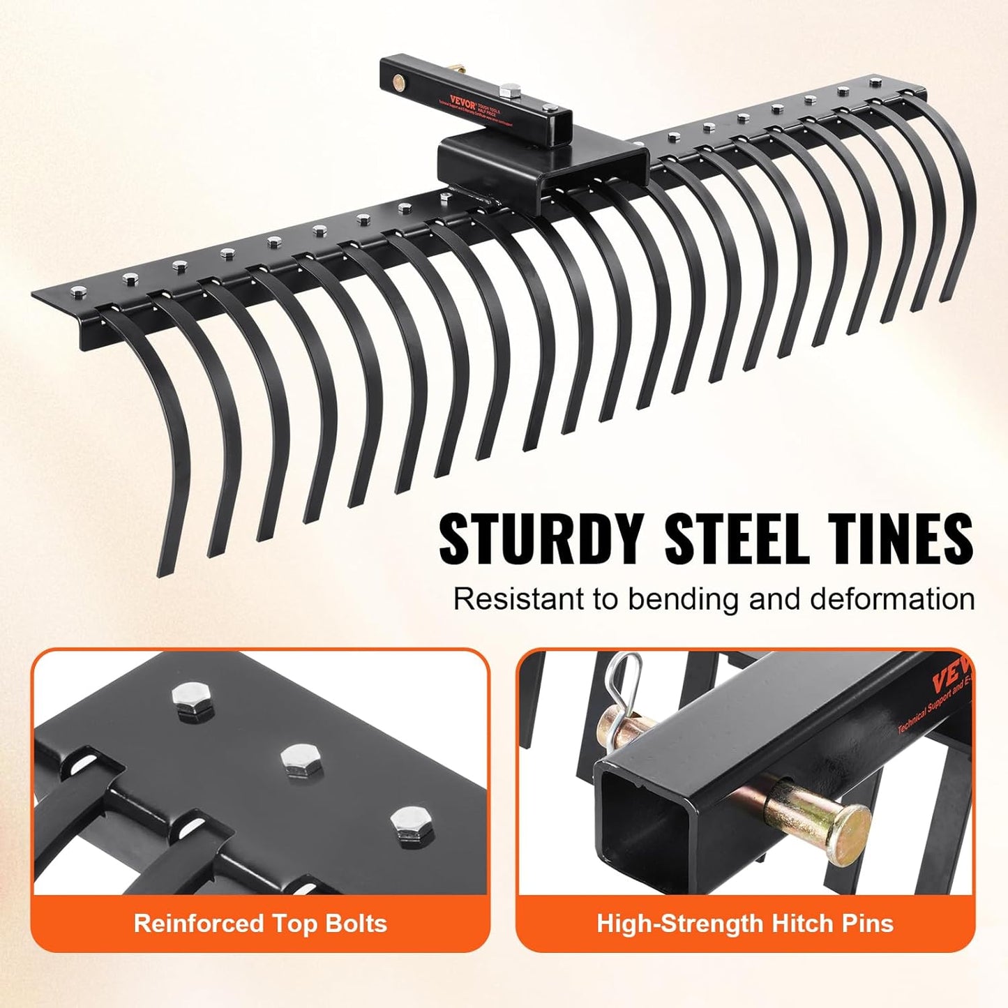 VEVOR Tow Behind Landscape Rake, 60" Tow Dethatcher with 21 Steel Coil Tines, Lawn Dethatcher Rake Attaches to 48" or 60" Toolbars and 3-Point Suspension Systems, for Leaves, Pine Needles, and Grass