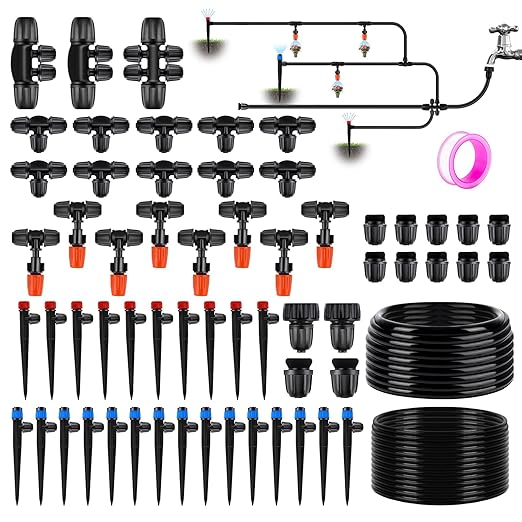 TWOWYHI 98FT 1/4 Inch 50FT 1/2 Inch Tubing Drip Irrigation System Kit Garden Irrigation Equipment Adjustable Quick Connector Watering Misting for Outdoor Yard Lawn Raised Bed Greenhouse