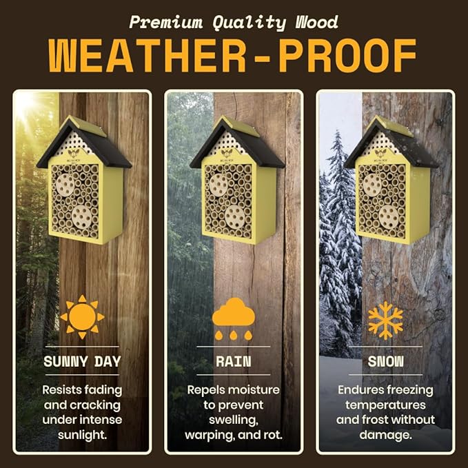 WildYard Bee House - Yellow, Modern Wood - Weather-Resistant Refuge & Solitary Bee House - Easy-Mount Design & Bug Hotel with Removable Tubes - Modular Nesting Tubes & Pollinator Hotel Appeal