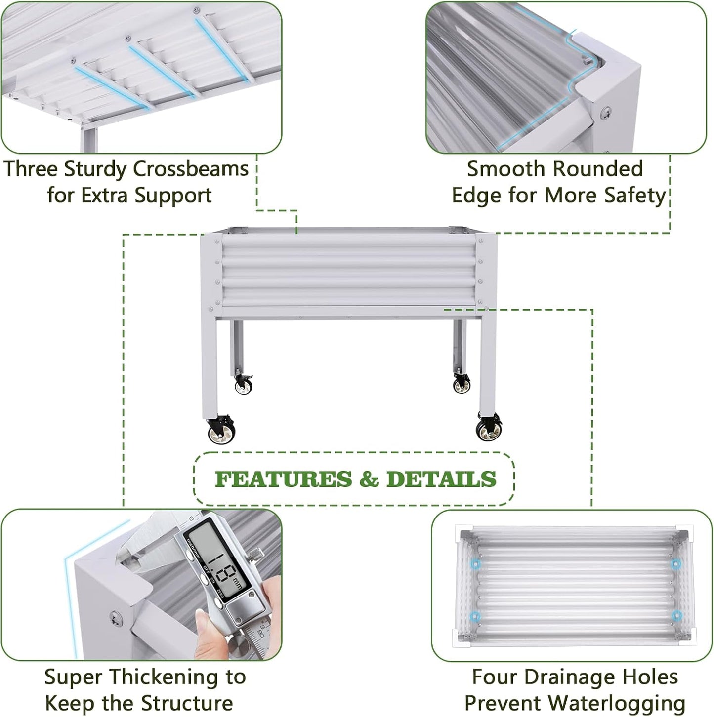 A ANLEOLIFE 2-Set Galvanized Raised Garden Bed with Legs,48x24x35in Large Elevated Planter Box on Wheels with Drainage Holes for Backyard, Balcony, Patio, 600lb Capacity, Antique White