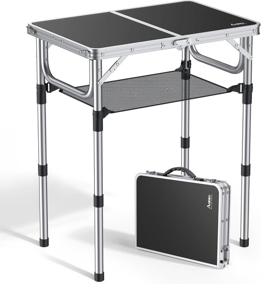 Folding Camping Table, Aluminum 24" x 16" Adjustable Height Small Folding Table with Carrying Handle, Lightweight, Portable Camping Table Waterproof for Outdoor Indoor Picnic Beach BBQ (Black)