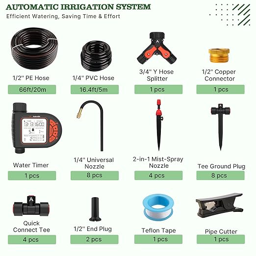 A ANLEOLIFE 82.4FT Automatic Drip Irrigation Kit with Water Timer, 8 Programs & LCD, Quick-Connect System, 1/2" Mainline + 1/4" Tubing, 360° Bendable Nozzles for Raised Beds, Garden & Greenhouse