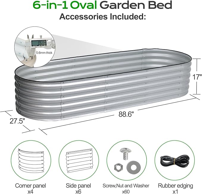 Aoodor 17" Tall Oval Galvanized Raised Garden Bed Kit, 6-in-1 Large Metal Outdoor Planter Box for Vegetables, Flowers, and Herbs, 7.5 x 2.3 x 1.5 Ft, Silver